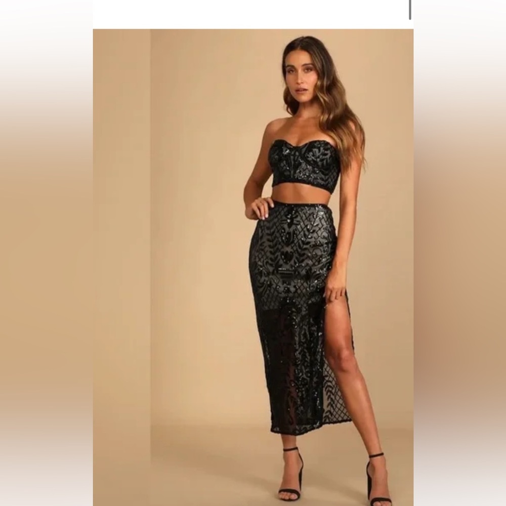 Lulus stunning impression black sequin two piece midi dress (only worn once) - Picture 1 of 5